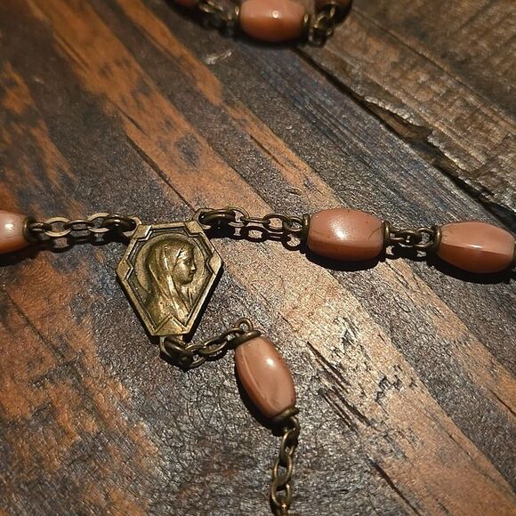 Vintage Pink Bronze Silver Tone Medals Color Rosary Necklace Faith Love Hope - Picture 9 of 16